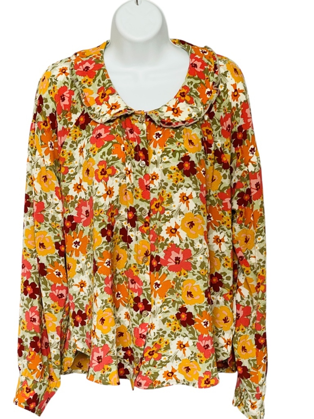 Jillian Harris x Joe Fresh Blouse Floral Size Large Long Sleeve Ruffle Collar
